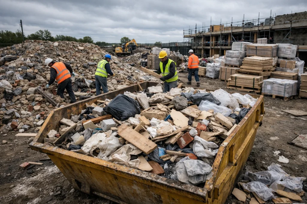 Construction site with workers managing construction waste including rubble, timber and skip hire in the UK