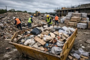Construction site with workers managing construction waste including rubble, timber and skip hire in the UK