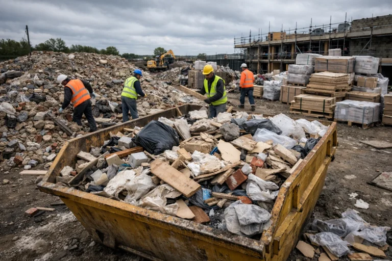 Construction site with workers managing construction waste including rubble, timber and skip hire in the UK