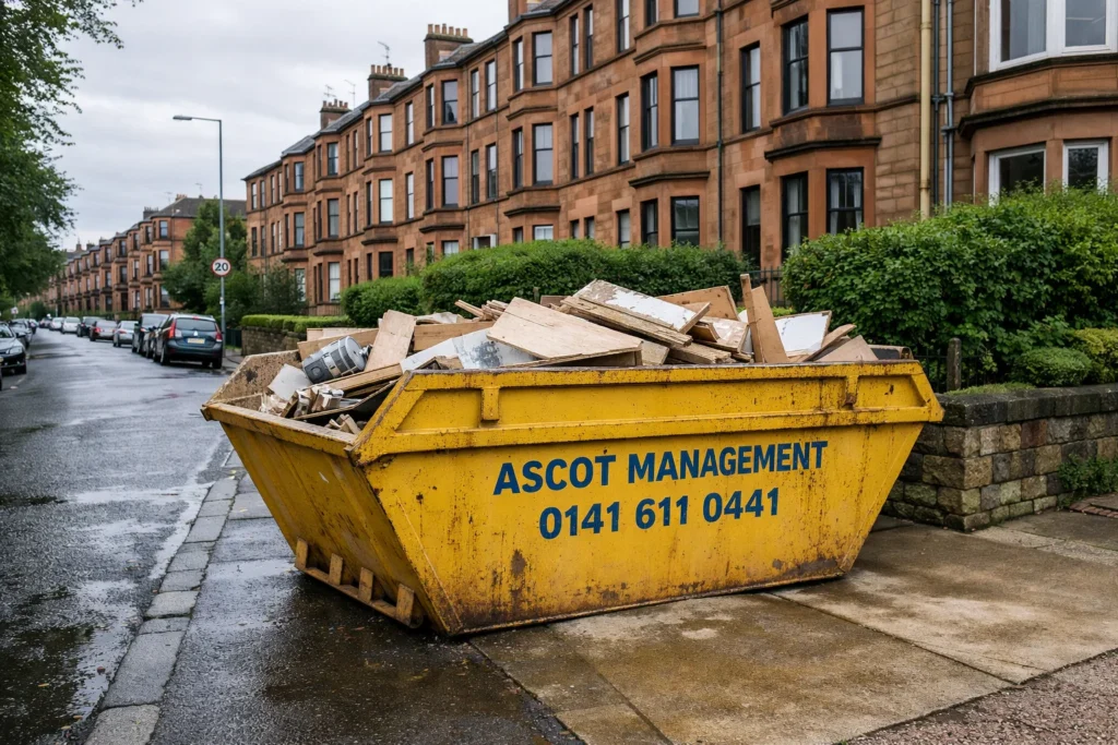 A skip full of waste on a residential street