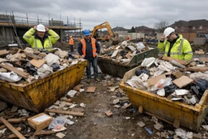 Overflowing skips on a busy construction site with workers managing excess waste and materials