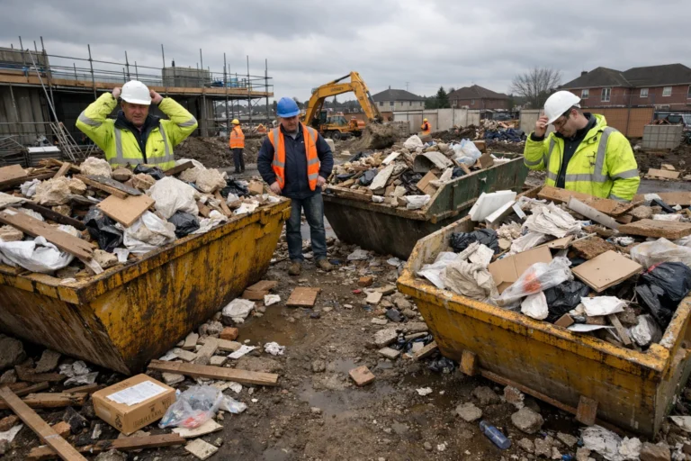 Overflowing skips on a busy construction site with workers managing excess waste and materials