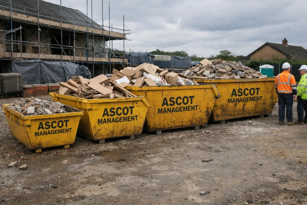 Different skip sizes from small to large with Ascot Management branding on a UK construction site
