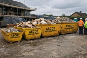 Different skip sizes from small to large with Ascot Management branding on a UK construction site