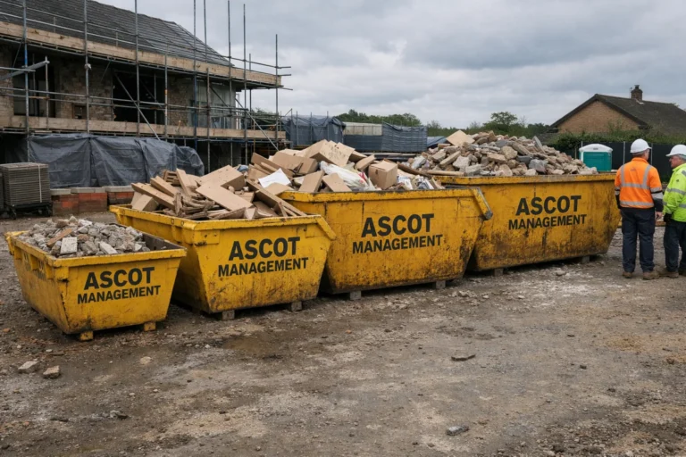 Different skip sizes from small to large with Ascot Management branding on a UK construction site