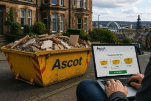 Ascot skip hire skip filled with construction waste beside online booking screen