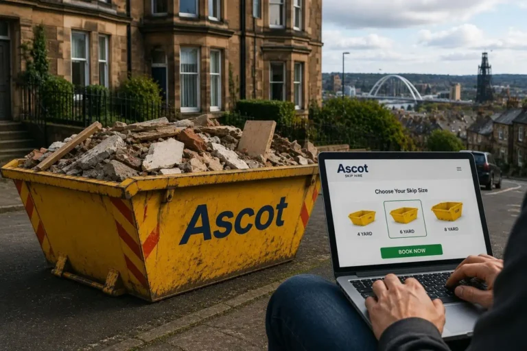 Ascot skip hire skip filled with construction waste beside online booking screen