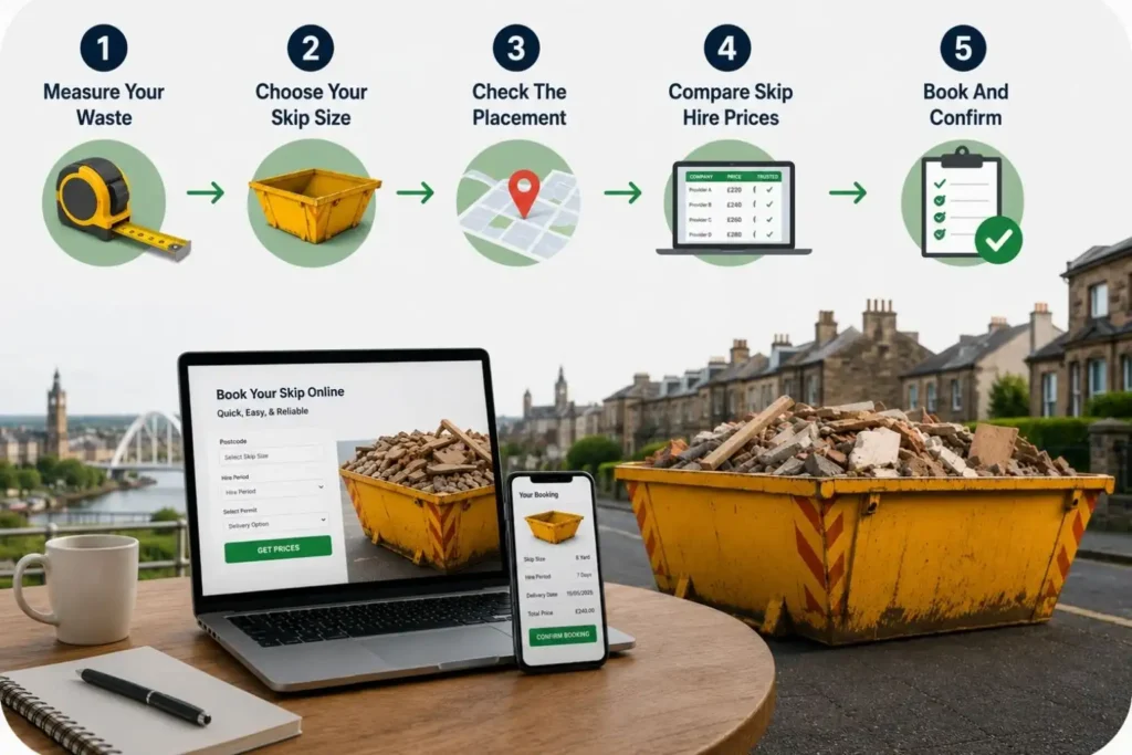 Skip hire booking process with skip sizes, pricing, and online reservation steps