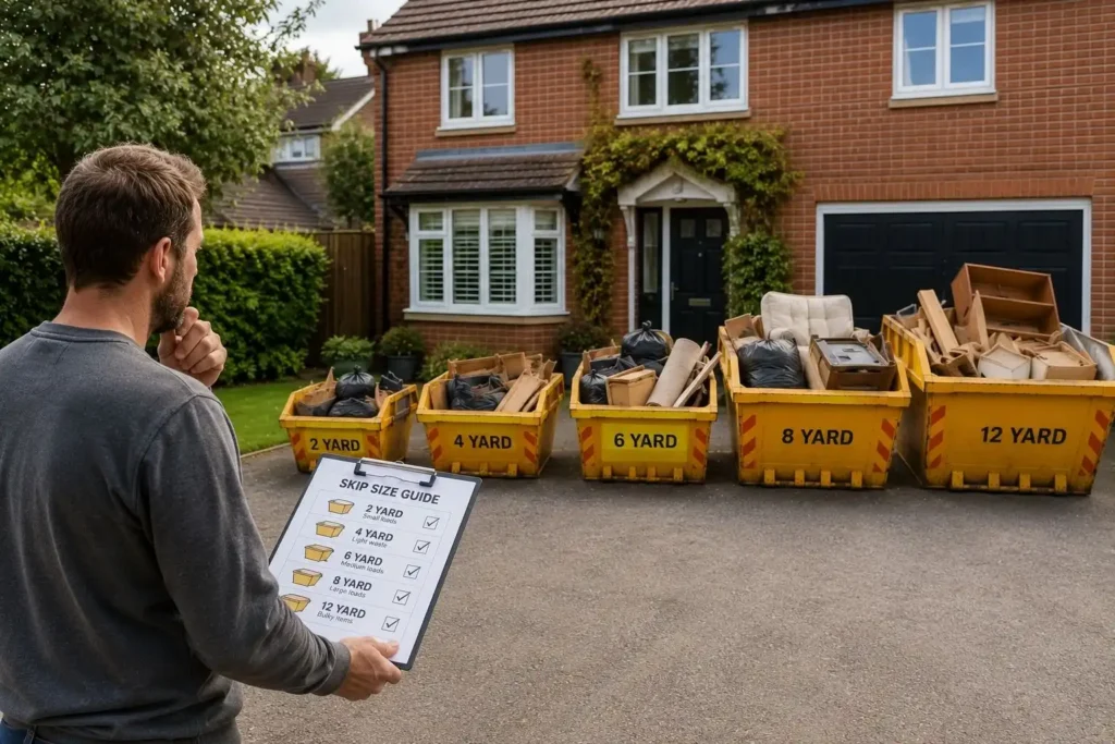 Comparing skip sizes for house clearance outside a residential property driveway