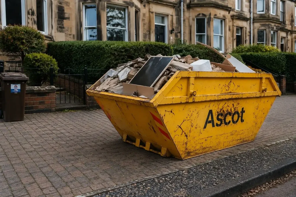 Yellow Ascot skip filled with construction waste outside a Glasgow townhouse.