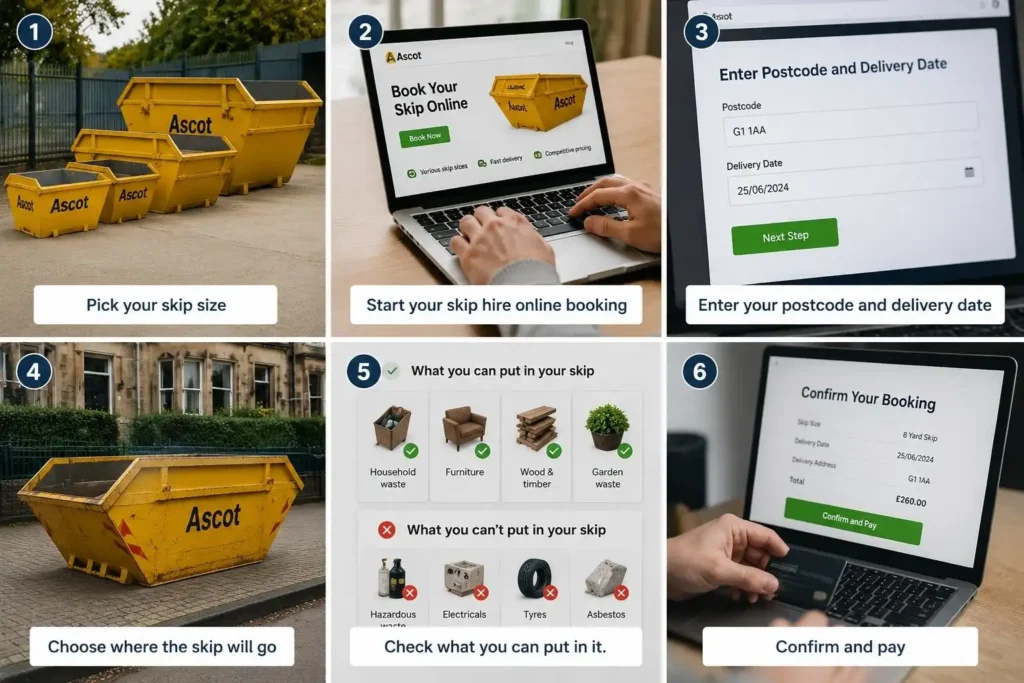 Step-by-step guide showing the Ascot skip hire online booking process.