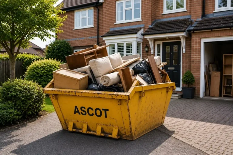 ASCOT yellow skip filled with household waste outside a home for house clearance