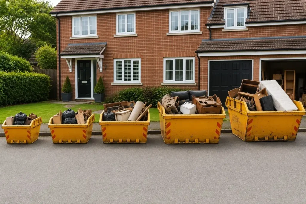 Different skip sizes for house clearance lined up outside a residential home