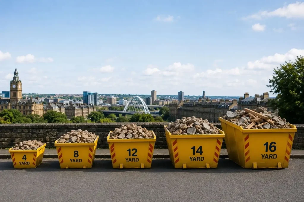 4 to 16 yard skip sizes lined up for waste disposal and skip hire comparison