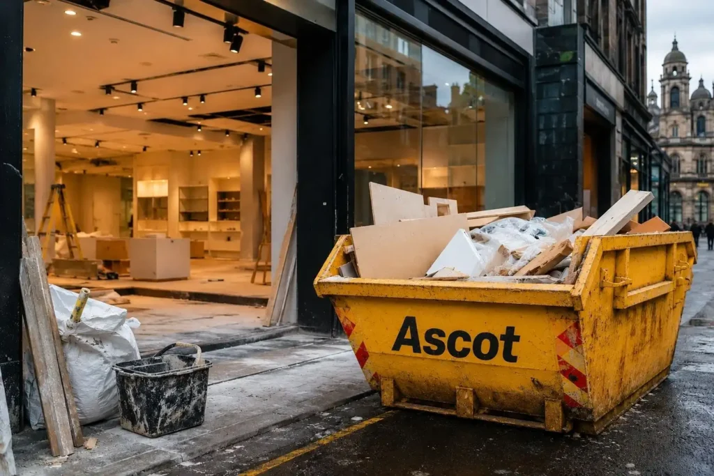 Ascot skip outside a retail shop during a commercial fit-out in Glasgow