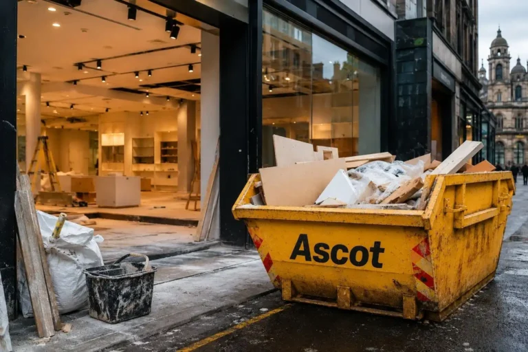 Ascot skip outside a retail shop during a commercial fit-out in Glasgow