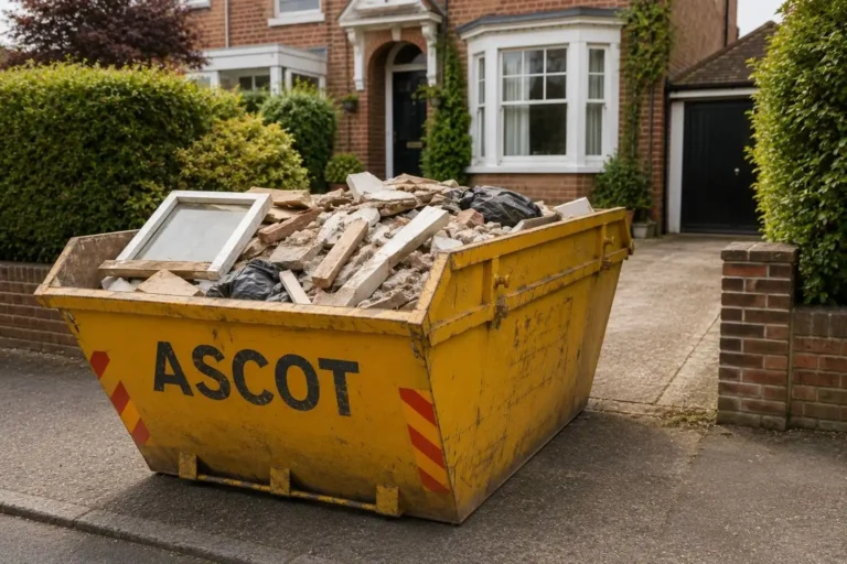 ASCOT skip filled with rubble and construction waste outside a suburban home