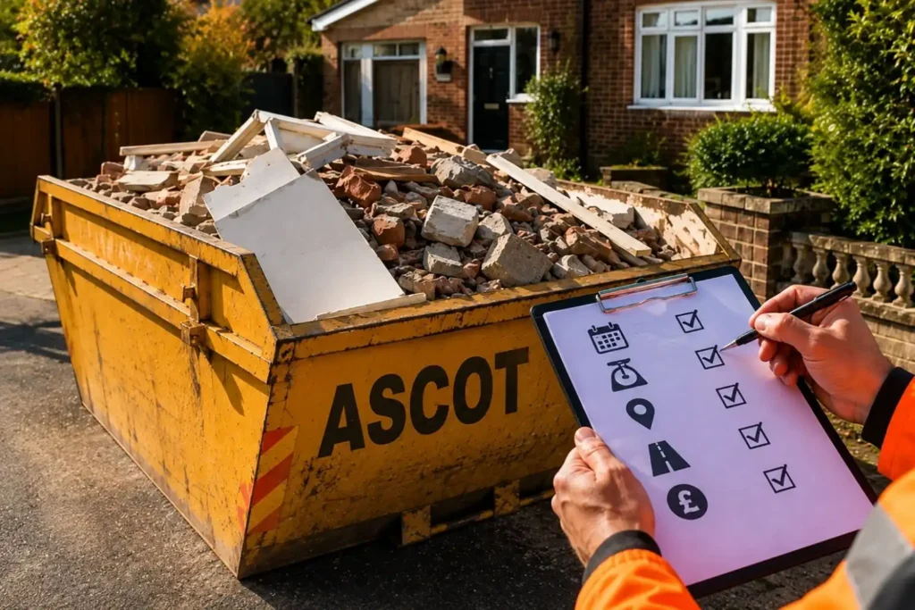 ASCOT skip loaded with building waste as a worker checks the hire details