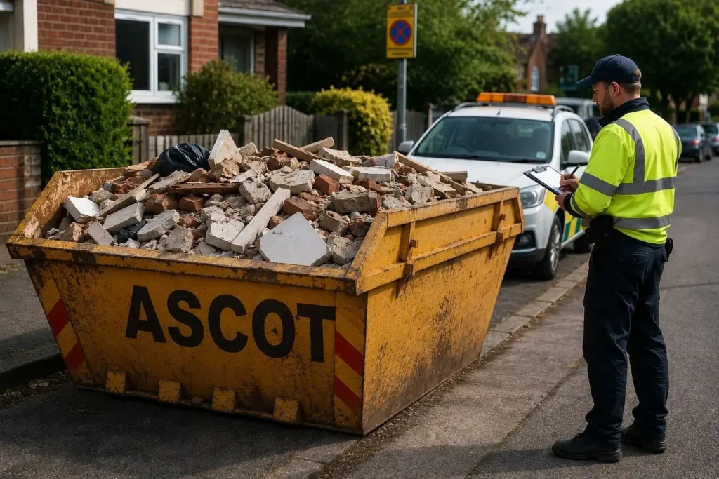 ASCOT skip overflowing with construction debris beside a residential street