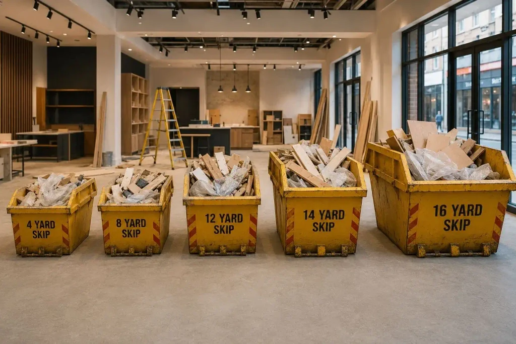 Five skip sizes for retail fit-outs, ranging from 4 to 16 yards