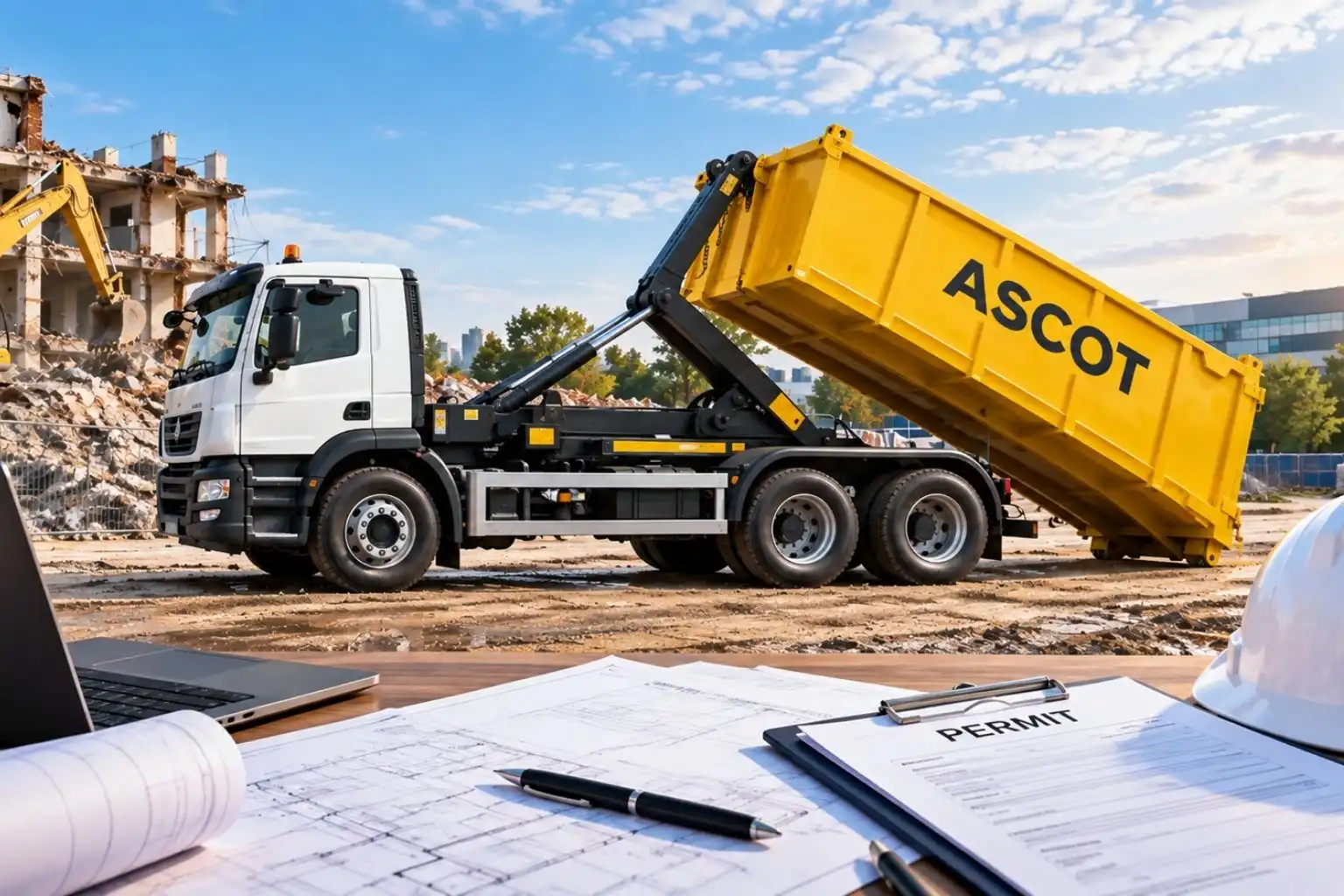 Ascot roro skip on a demolition site with site plans and a permit in view