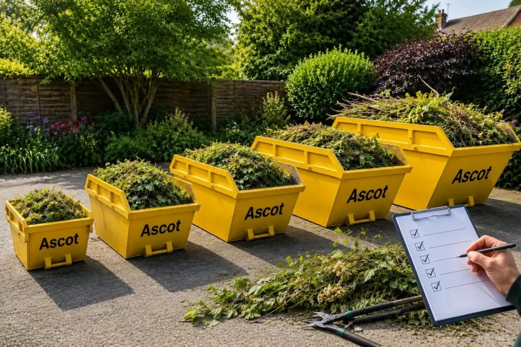 Five yellow Ascot skips in ascending sizes filled with garden waste on a driveway
