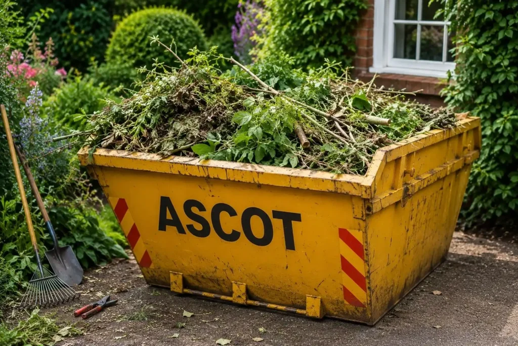 Yellow Ascot skip filled with garden waste on a driveway beside a rake and spade