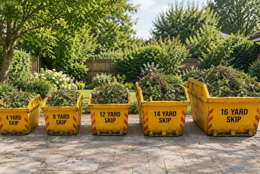 Five yellow Ascot skips in different sizes with garden waste
