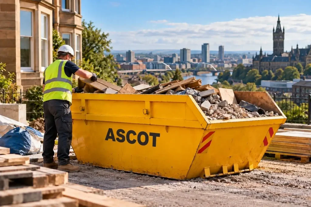 Worker loading construction waste into a yellow ASCOT skip in Glasgow.