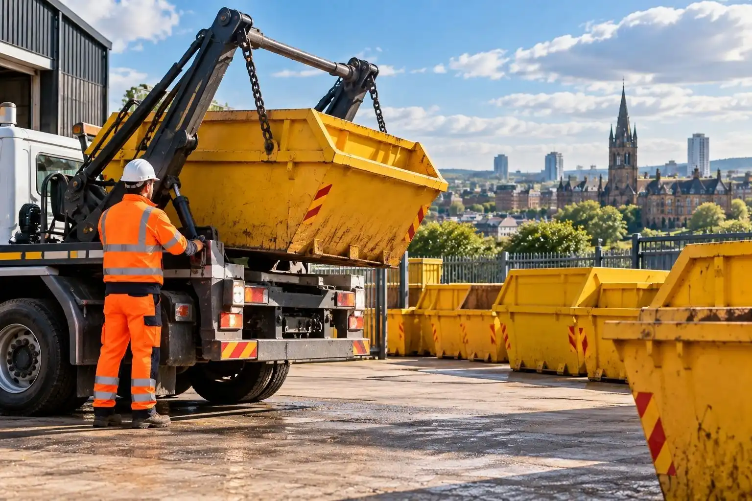 Skip hire company worker operating a truck to collect a yellow skip in Glasgow.