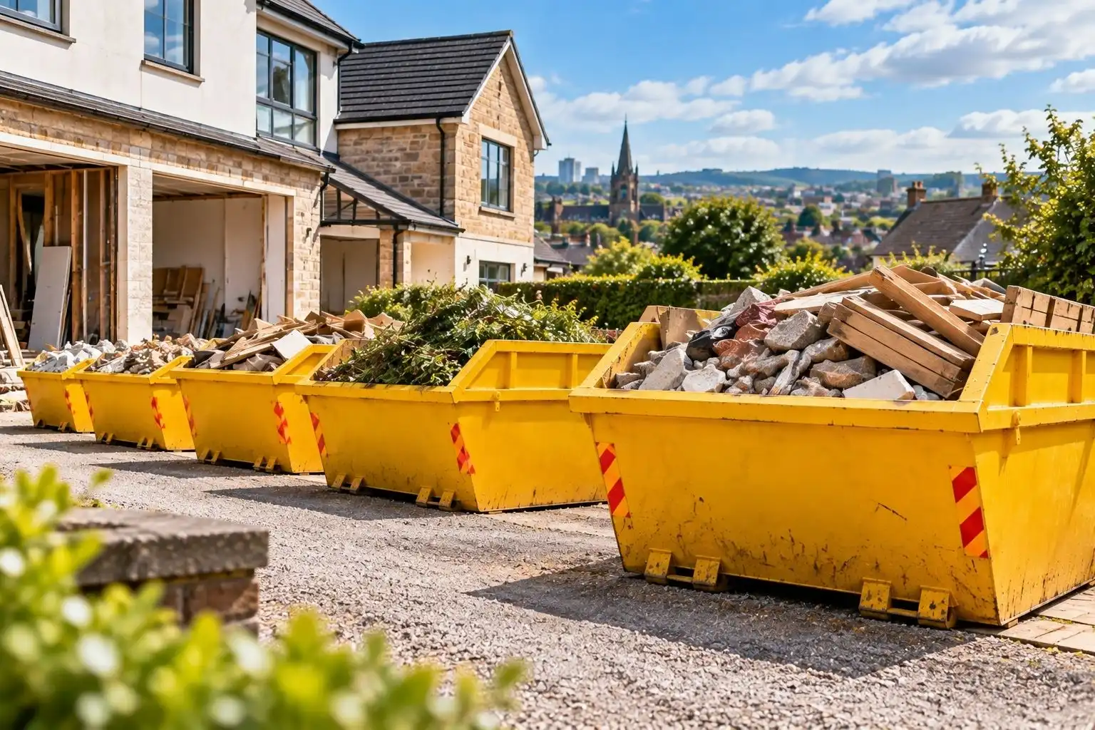 Yellow skips filled with construction and garden waste outside Glasgow homes.